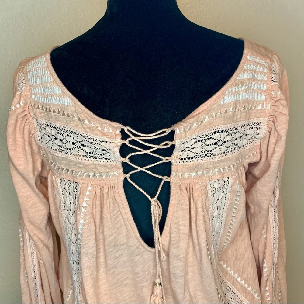 Free People Silverlake Smocked Hem Lace-Up Back Long Sleeve Peasant Top Peach